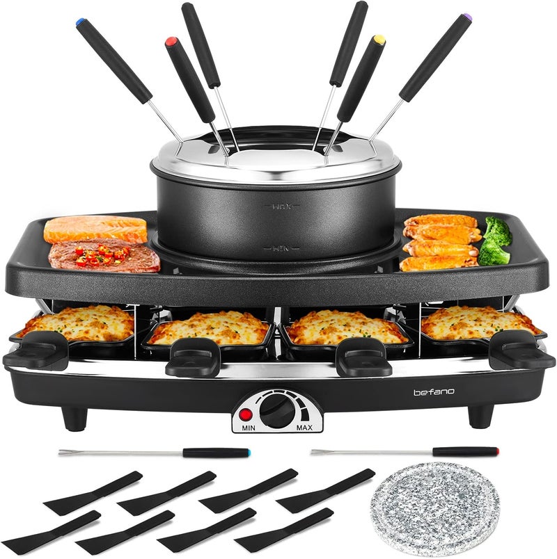Befano Electric Raclette BBQ Grill with Fondue Pot Sets, Portable Korean Table Grill Electric Indoor Cheese Raclette, Dual Adjustable Thermostats, 8 People Serve Perfect for Parties and Family Fun - Image 1